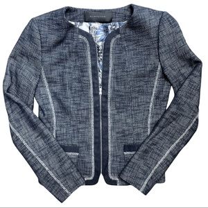 TAHARI Navy Denim Tweed Contrasting Zip Crop Jacket